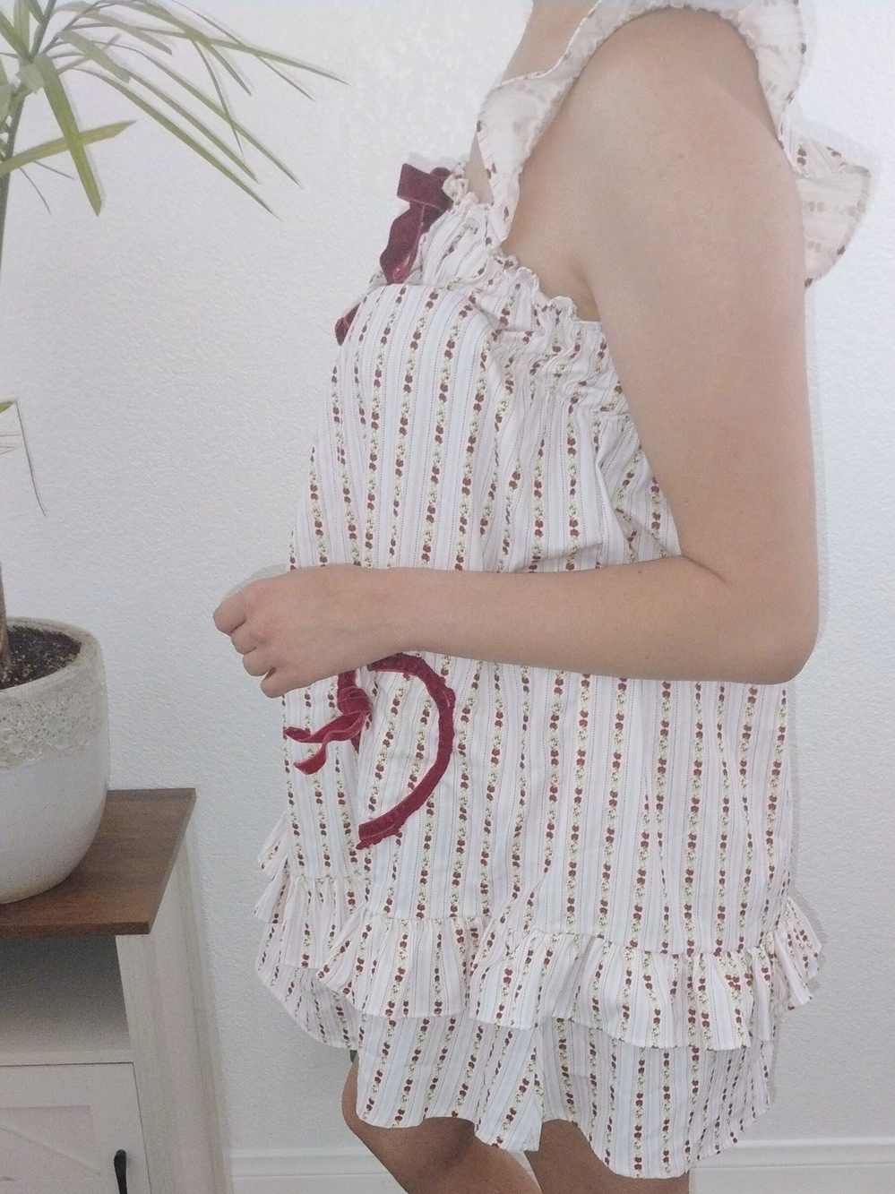 Sleeveless Cream Floral Stripe Summer Dress with Burgundy Accents - Picture 2 of 4